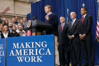 Blake Jones, BE’96, introduces President Obama at the signing of the American Recovery and Reinvestment Act.