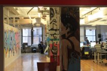 Here's what you see when you walk in. F#'s walls and columns are decorated with music-themed pieces the company commissioned.