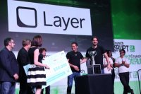 Layer's Ron Palmeri and Tomaz Stolfa accept the Startup Battlefield title.